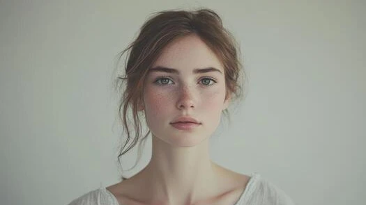 A young woman with freckles and green eyes looks directly at the camera photo